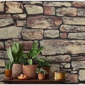 Arthouse Warm Natural Cornish Faux Stone Vinyl Peel and Stick Wallpaper Roll 30.75 sq. ft.