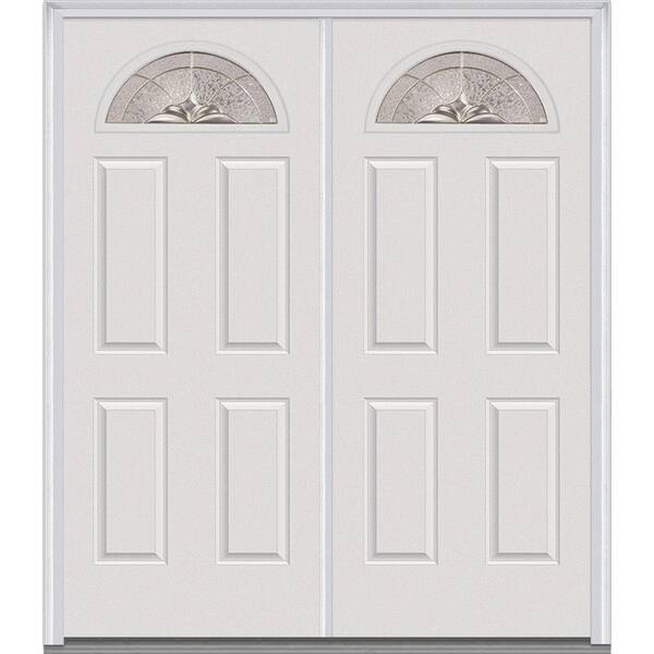 MMI Door 60 in. x 80 in. Heirlooms Left-Hand Inswing Fan Lite Decorative Glass 4-Panel Painted Steel Prehung Front Door