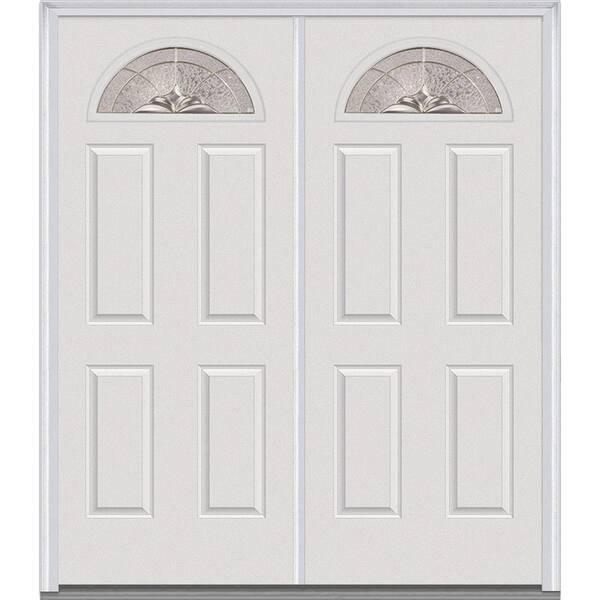MMI Door 64 in. x 80 in. Heirlooms Right-Hand Inswing Fan Lite Decorative Glass 4-Panel Painted Steel Prehung Front Door