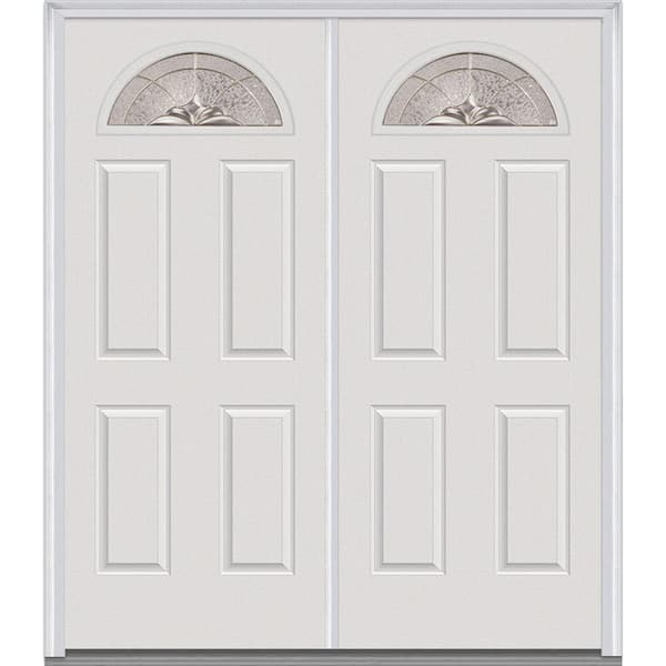 MMI Door 72 in. x 80 in. Heirlooms Right-Hand Inswing Fan Lite Decorative Glass 4-Panel Painted Steel Prehung Front Door