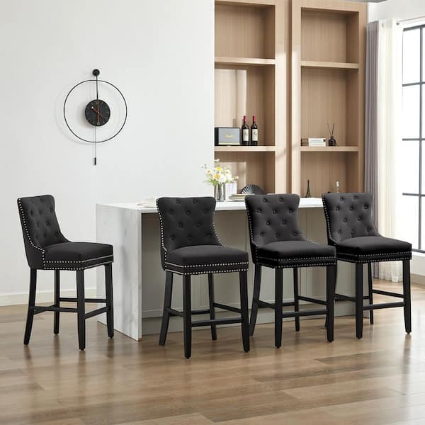 27.56 in. Black Fabric Upholstered Seat Solid Wood Leg Bar tool, Breakfast Chairs with back (Set of 4)