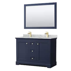 Avery 48 in. W x 22 in. D Double Vanity in Dark Blue with Marble Vanity Top in Carrara with Square Basins and Mirror