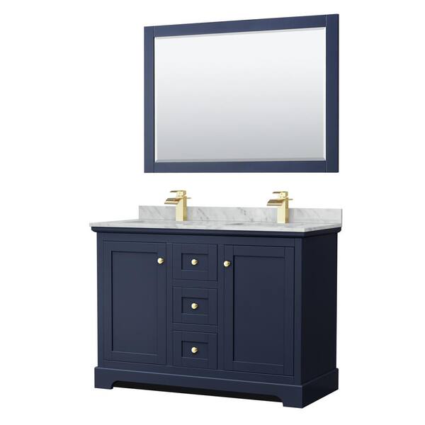Wyndham Collection Avery 48 in. W x 22 in. D Double Vanity in Dark Blue with Marble Vanity Top in Carrara with Square Basins and Mirror