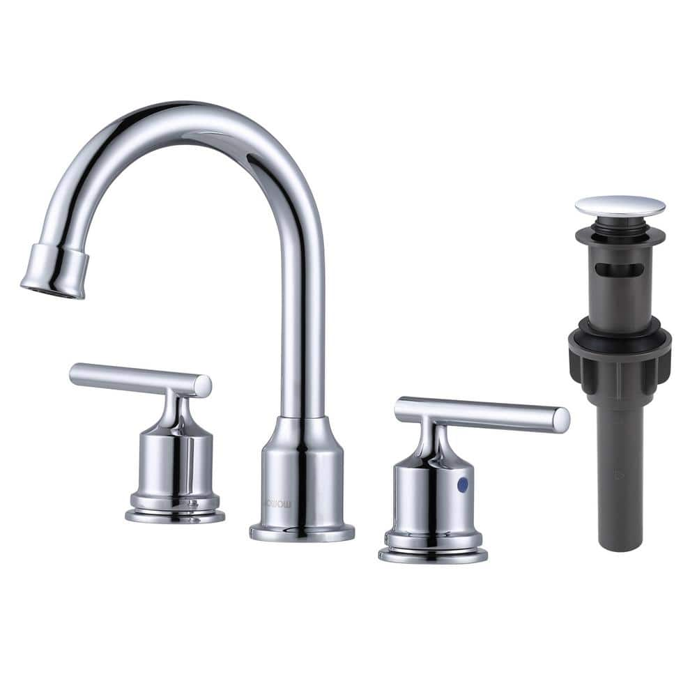 WOWOW 8 in. Widespread Double Handle Bathroom Faucet with Drain Kit in Chrome, Polished Chrome