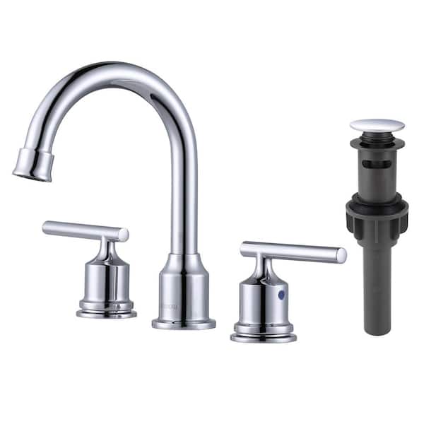 WOWOW 8 in. Widespread Double Handle Bathroom Faucet with Drain Kit in Chrome