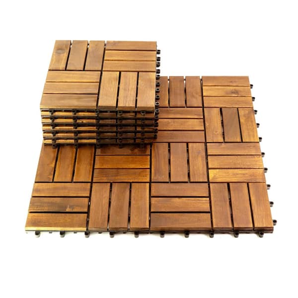 12 in. x 12 in. Square Acacia Wood Interlocking Flooring Tiles Striped Pattern Brown 12 Slats (30-Pack)