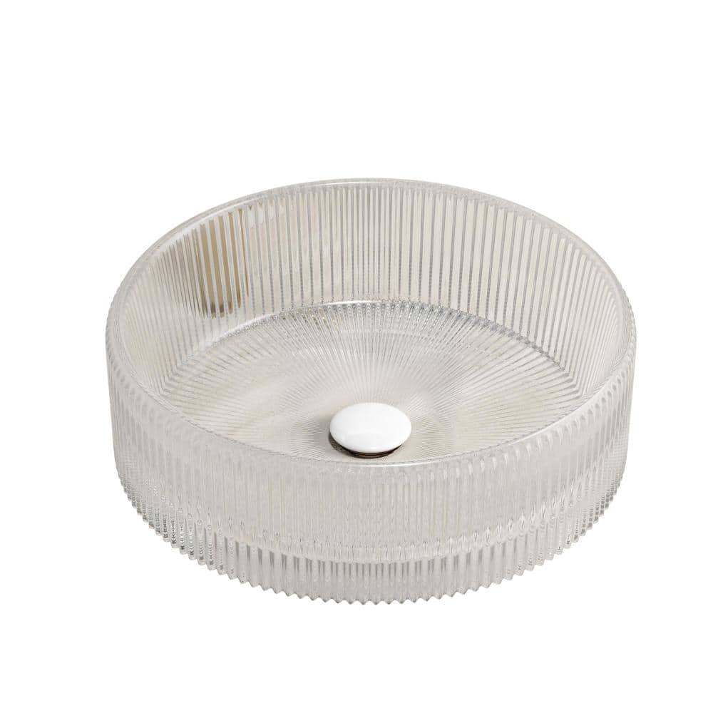 "16"" Bathroom Sink, Round Striped Vessel Crystal Glass Basin in Transparent" price history on PriceWatchPro