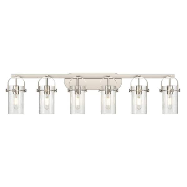 Pilaster II Cylinder 43.88 in. 6-Light Satin Nickel Vanity Light with Glass Shade