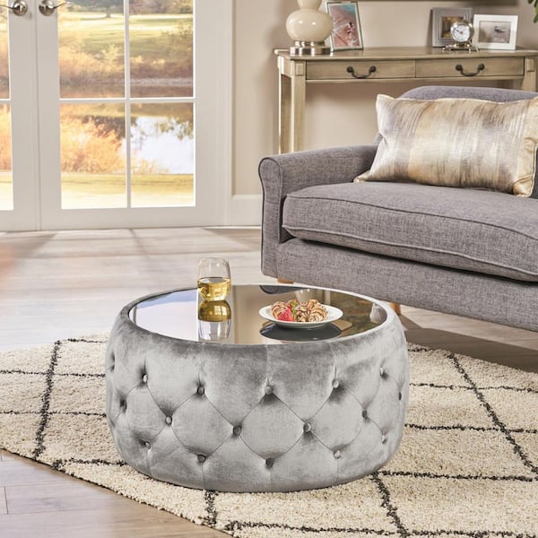 CHRISTOPHER KNIGHT HOME Button Tufted Smoke Velvet Upholstered Round Cocktail 30 in. Ottoman No Assembly Required NH757012SMOK
