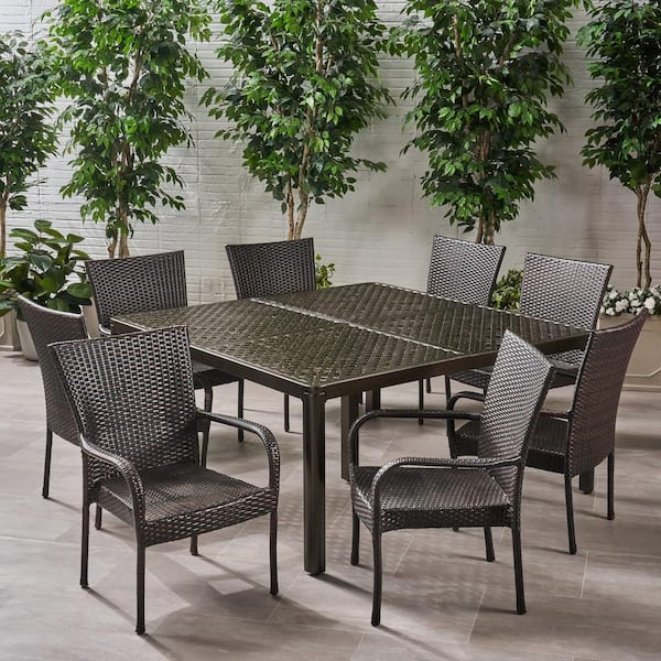 Noble House Bullpond Gloss Black and Multibrown 9-Piece Metal and Faux Rattan Square Table Outdoor Dining Set
