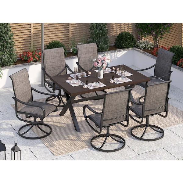 PHI VILLA Black 7-Piece Metal Outdoor Patio Dining Set with Wood-Look Rectangle Table and Padded Textilene Swivel Chairs