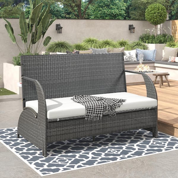 Cesicia 57.1 in. W Grey Wicker Outdoor Loveseat with Beige Cushions Convertible to 4-Seat 1-Table