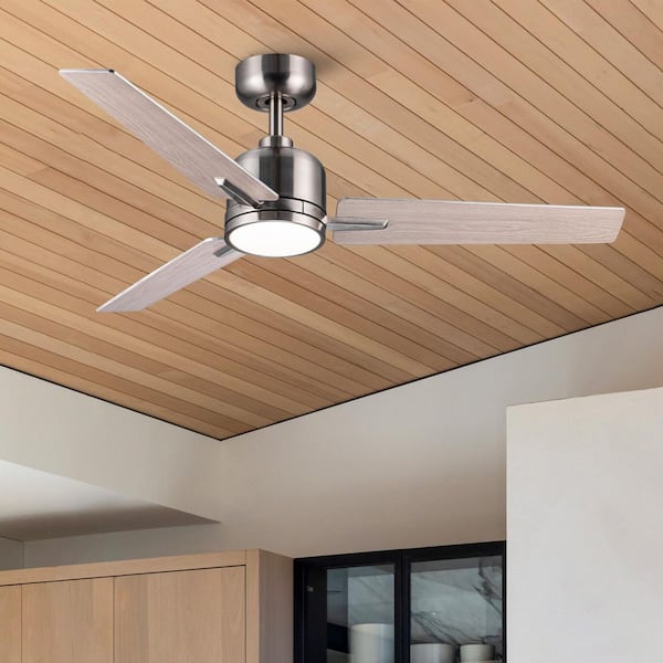 48 in. Modern Brush Nickel 6-Speed White Blades Downrod Mount Standard Ceiling Fan with 3-Color Dimmable LED Light