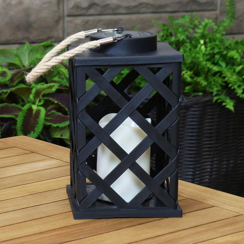 Black Crosshatch Solar LED Hanging Tabletop Candle Lantern