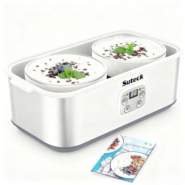 64 oz. (2 qt. ) LCD Display Yogurt Maker Machine with 2 Glass Jars with Adjustable Time and Temp Control in Silver