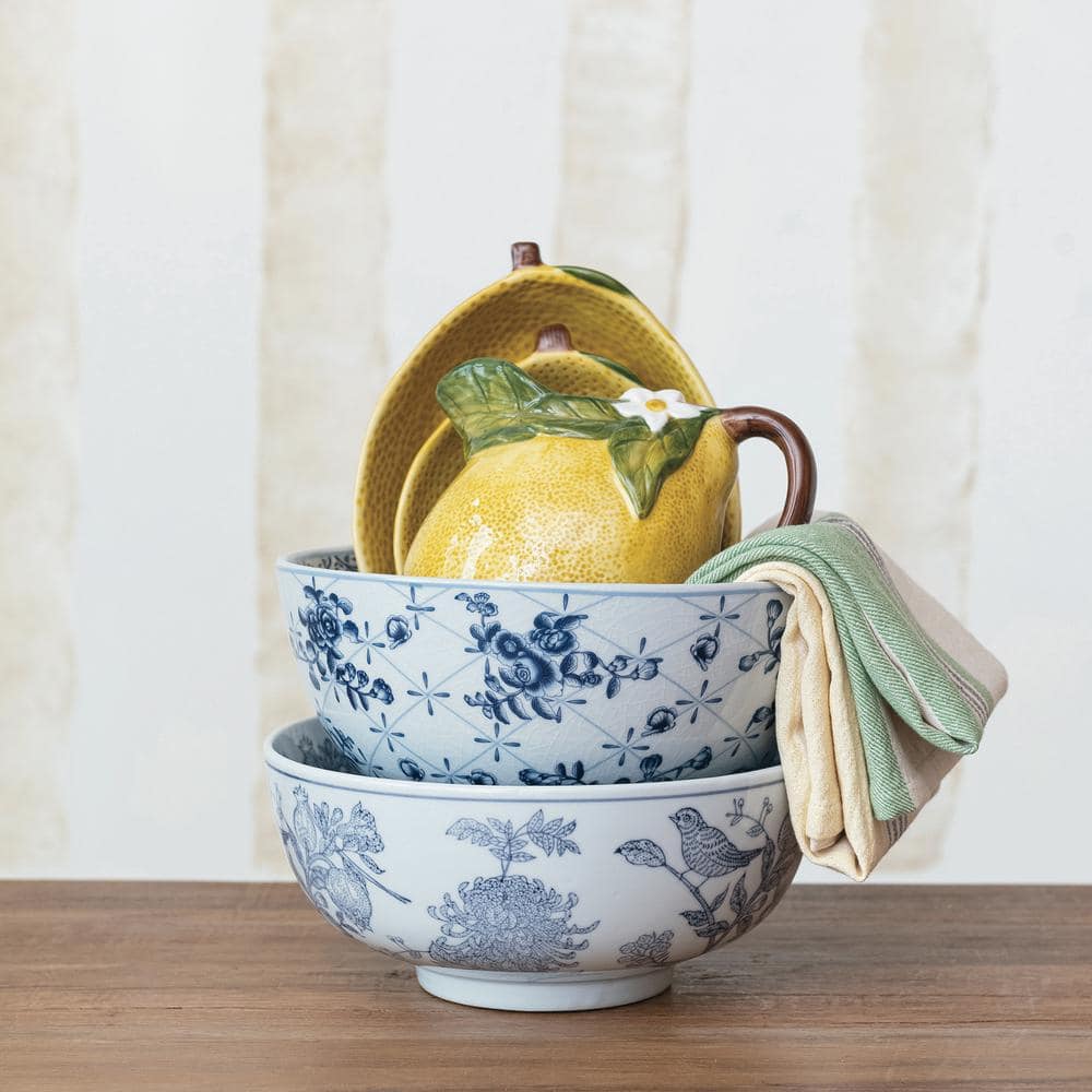 10 in. 105 fl. oz. Blue & White Aviary Garden Stoneware Stoneware Serving Bowl