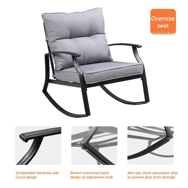 3 Piece Metal Outdoor Rocking Chair with Gray Cushion HP 3M G