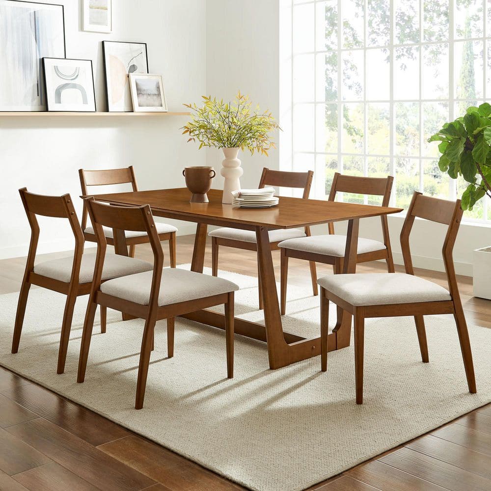 Solara 7 Piece Wood Dining Set with Side Chairs in Walnut Heathered Weave Beige
