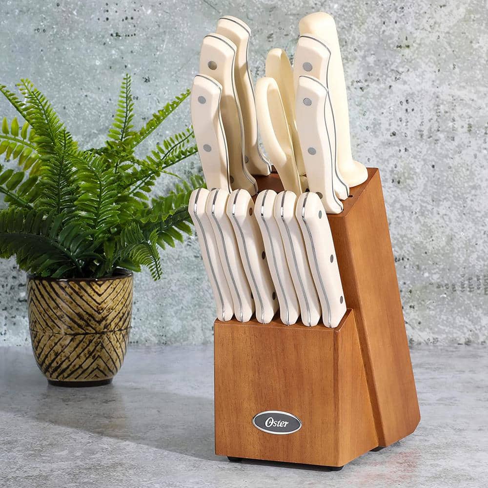 Evansville 14 Piece White Stainless Steel Cutlery Set with Wood Block