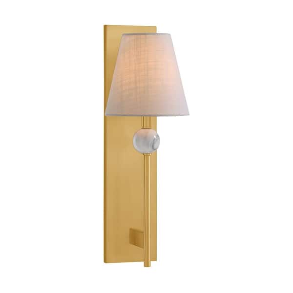Savoy House Travis 7.5 in 1-Light Warm Brass Wall Sconce with White Fabric Shade
