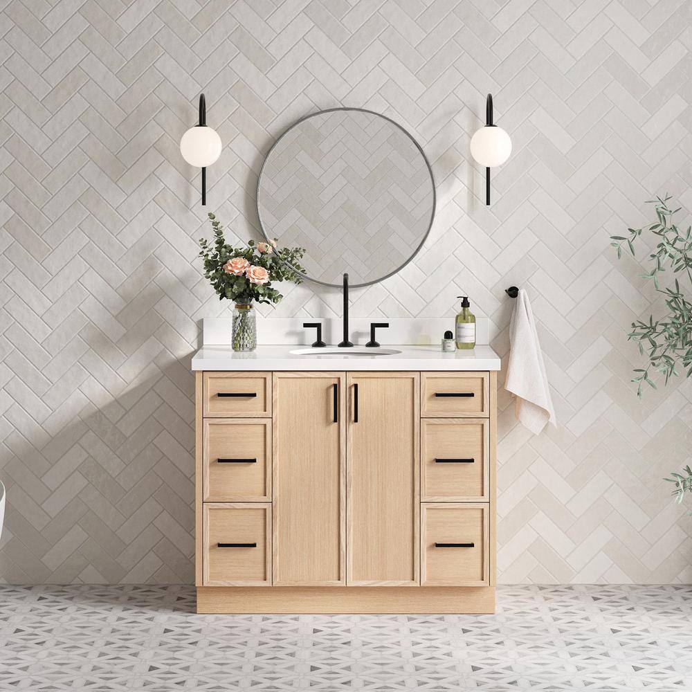 Oak Single Sink Bathroom Vanity with Pure White Quartz Top