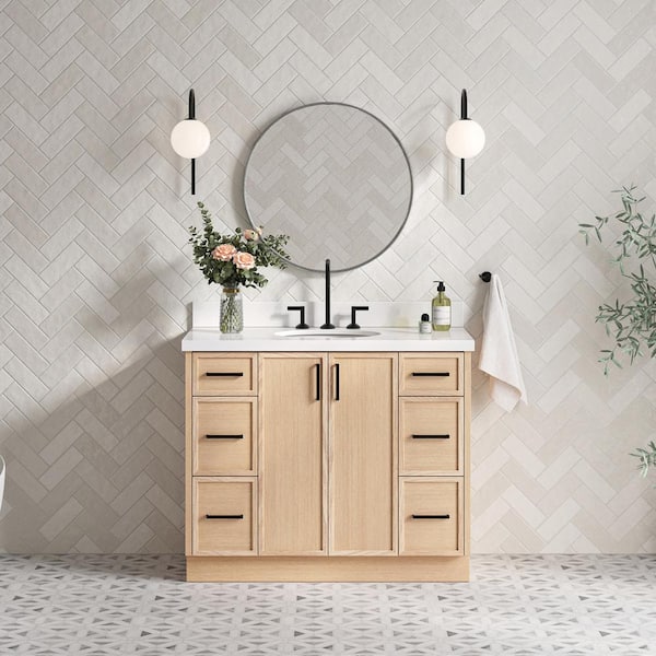 ARIEL Kelly 43 in. W x 22 in. D x 36 in. H Single Bath Vanity in Oak with Pure White Quartz Top