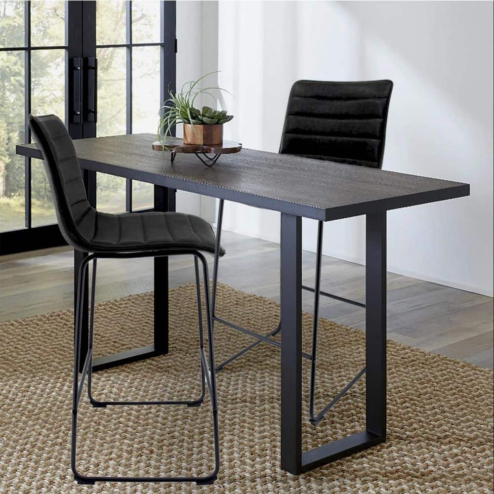 Charcoal Black Modern Leather Bar Stools with Iron Base, Set of 2