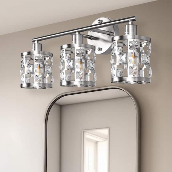 19.88 in. 3-Light Brushed Nickel Modern Industrial Bathroom Vanity Light Over Mirror with Crystal Shade
