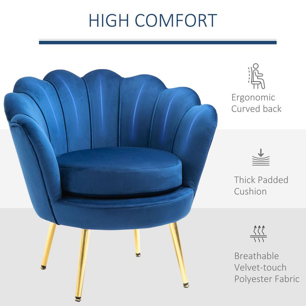 Elegant Lotus Blue Velvet Accent Chair with Gold Metal Legs