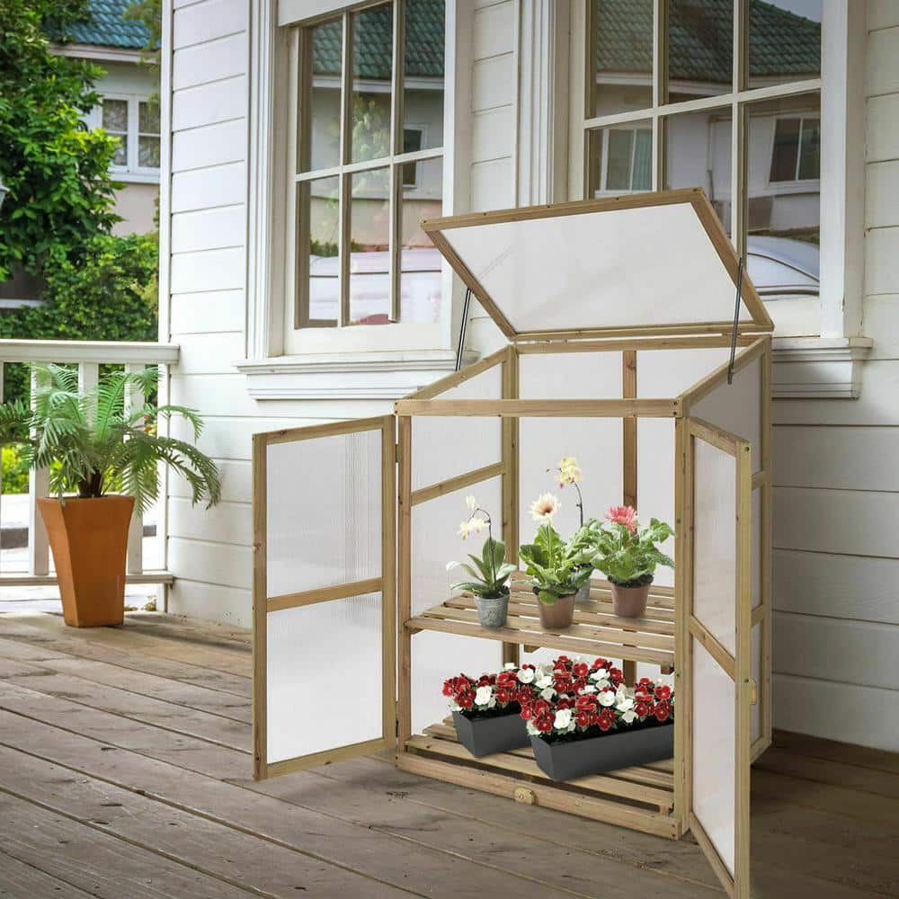Compact Brown Fir Wood Greenhouse with Shelves
