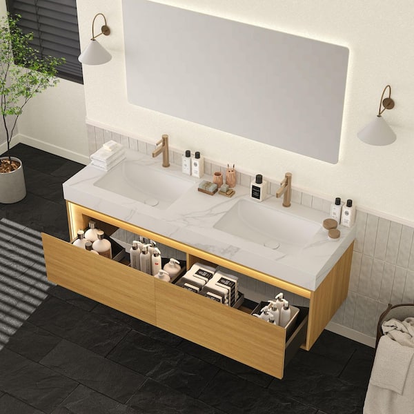 Loiry Modern 60 in. Double Sinks Floating Light Oak Bath Vanity with Carrara White Sintered Stone Top Pre-Assembled
