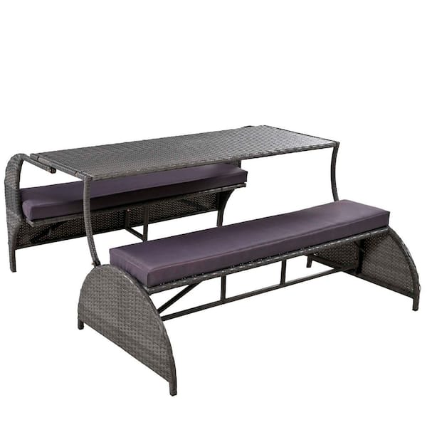 57.1 in. Gray Rectangle Steel Wicker Picnic Table 2-in-1 Convertible Table with Gray Cushion for Outdoor Backyard Patio