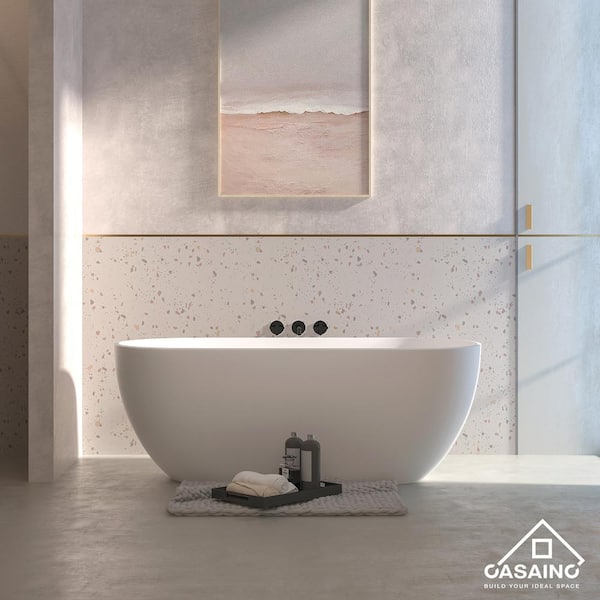 59 in. x 22 in. Solid Surface Stone Resin Stand Alone Freestanding Soaking Bathtub in Matte White with Center Drain