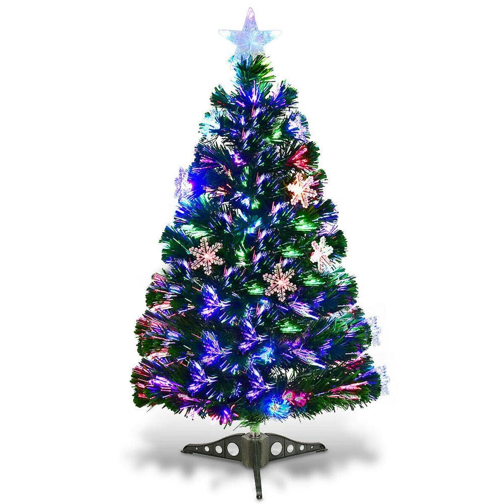 Costway - 3FT Pre-Lit Fiber Optic Artificial Christmas Tree with Multicolor Led Lights - Green