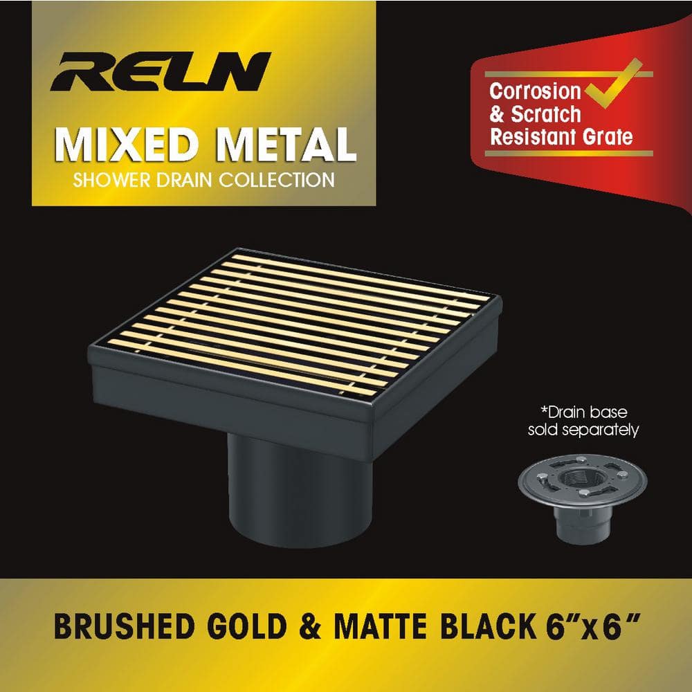 6'' Square Brushed Gold and Matte Black Stainless Steel Shower Drain