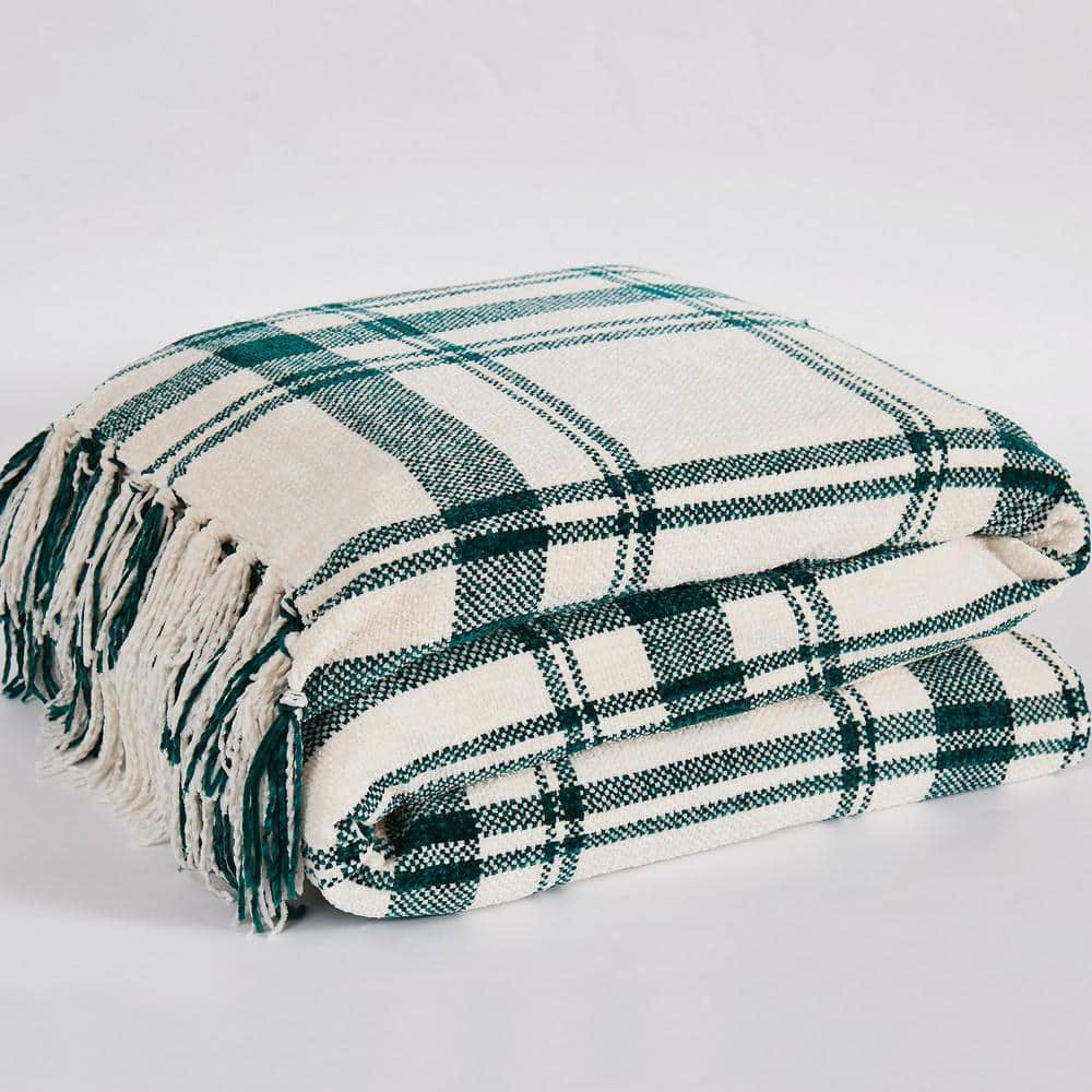 Green and Ivory Plaid Chenille 50x70 Reversible Throw with Fringe