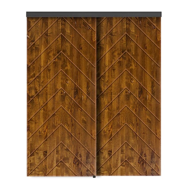 CALHOME 60 in. x 80 in. Hollow Core Walnut Stained Pine Wood Interior Double Sliding Closet Doors