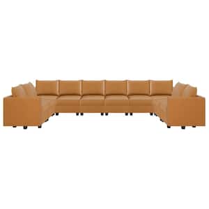 87.01 in. W Contemporary 10-Seater Upholstered Faux Leather Sectional Sofa in Caramel