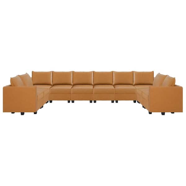 MAYKOOSH 87.01 in. W Contemporary 10-Seater Upholstered Faux Leather Sectional Sofa in Caramel