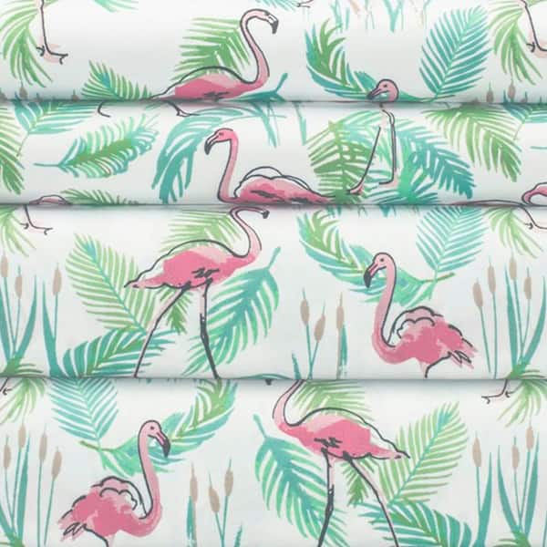 Queen Elite Home Soft Microfiber Coastal Bed Sheet Set Flamingo Paradise Pink 