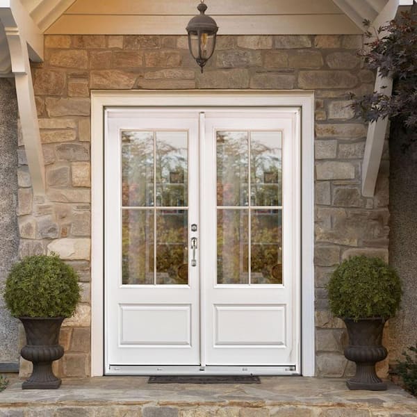72 in. x 80 in. Fiberglass Smooth White Right-Hand Inswing Hinged 3/4-Lite Patio Door with 4-Lite SDL