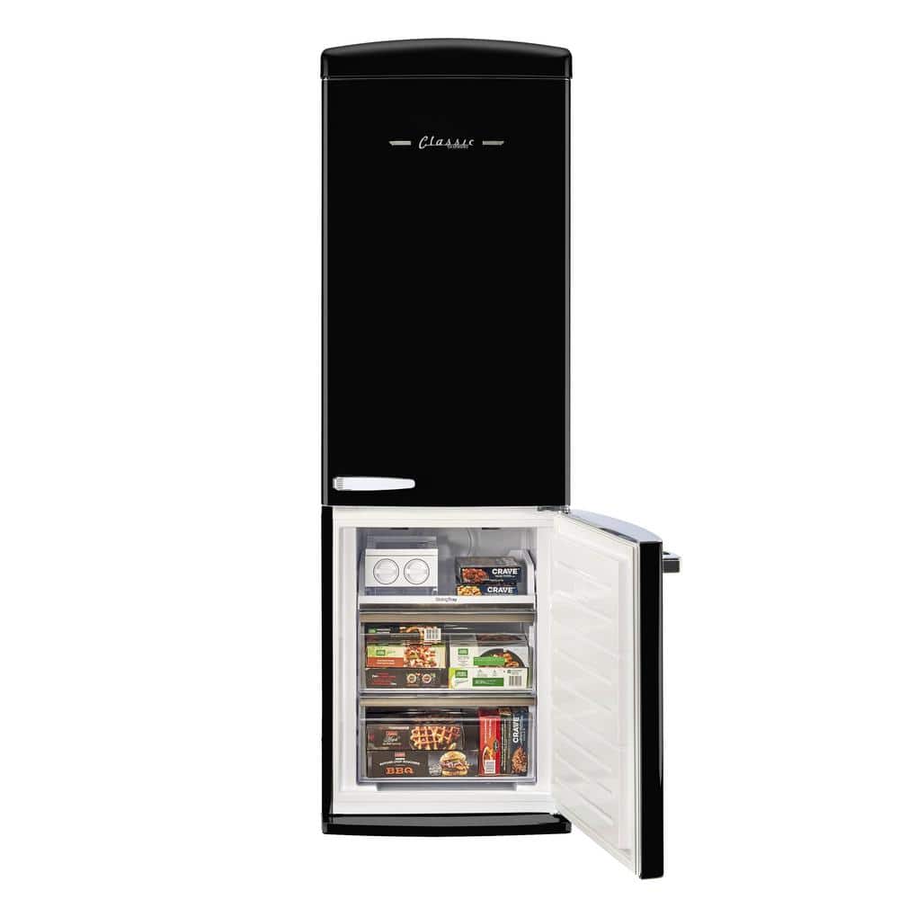 Midnight Black Retro 24" Bottom Mount Refrigerator with Chrome Accents