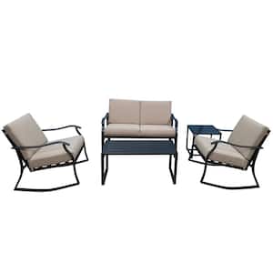 Black 5-Piece Steel Outdoor Patio Furniture Conversation Set Bistro Set with Tables and Beige Cushion