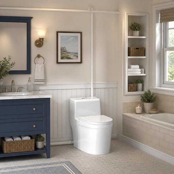 Macerating Toilet 1-Piece 0.8/1.28 GPF Dual Flush Elongated Toilet in White, with 600W Pump for Basement Upflush System
