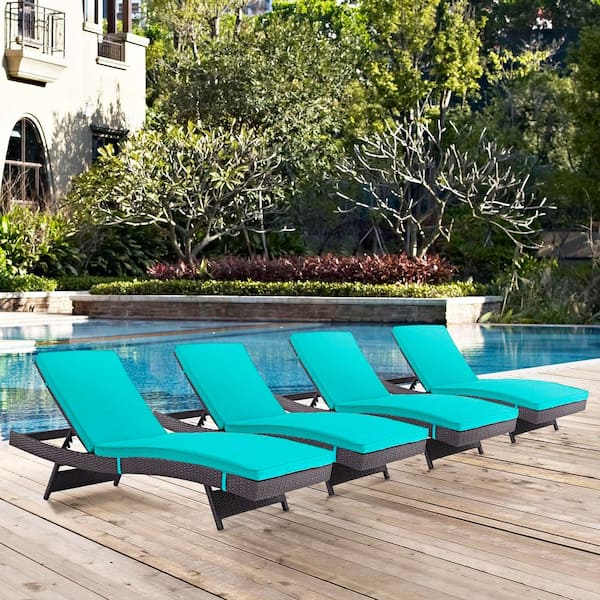 MODWAY Convene Wicker Rattan Outdoor Patio Poolside Four Chaise Lounge Chairs in Espresso Turquoise