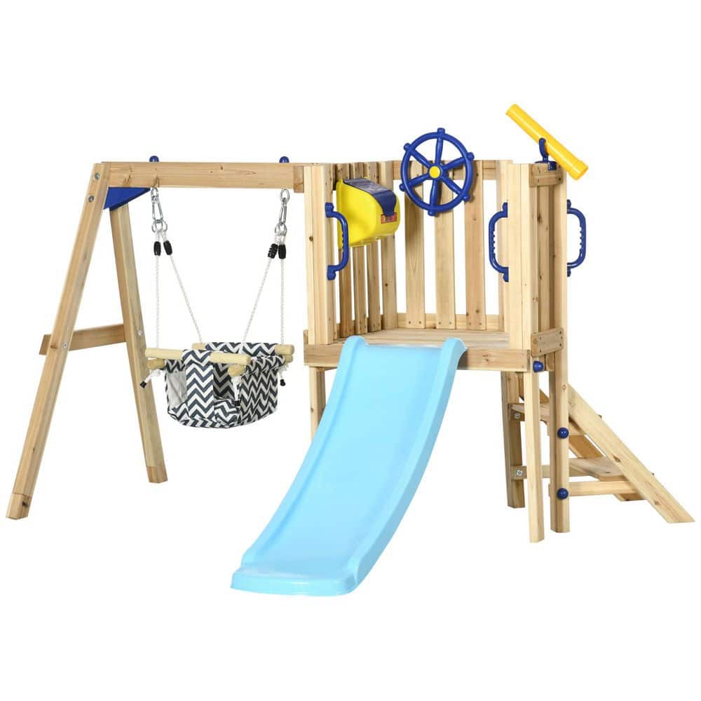 Sudzendf 3 in 1 Wooden Swing Set Outdoor Playset with Baby