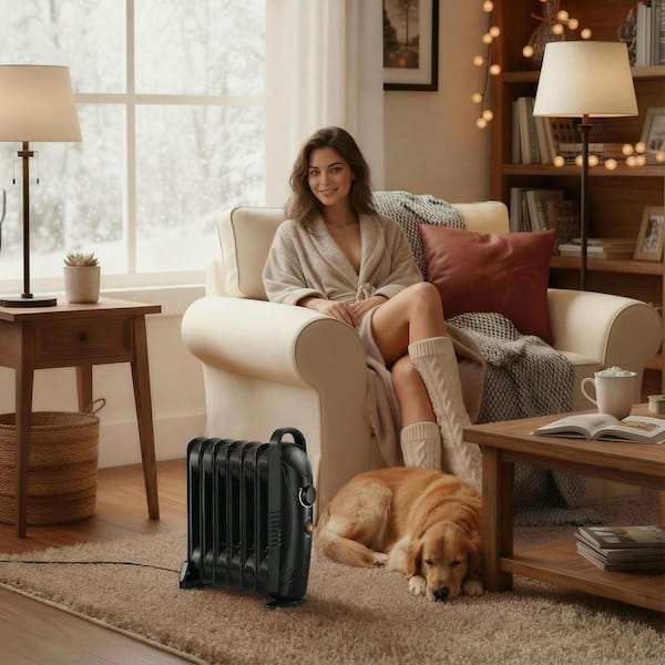 700W Black Indoor Oil-Filled Radiator Electric Portable Space Heater Radiant for Living Room, Bathroom, Bedroom, Garage