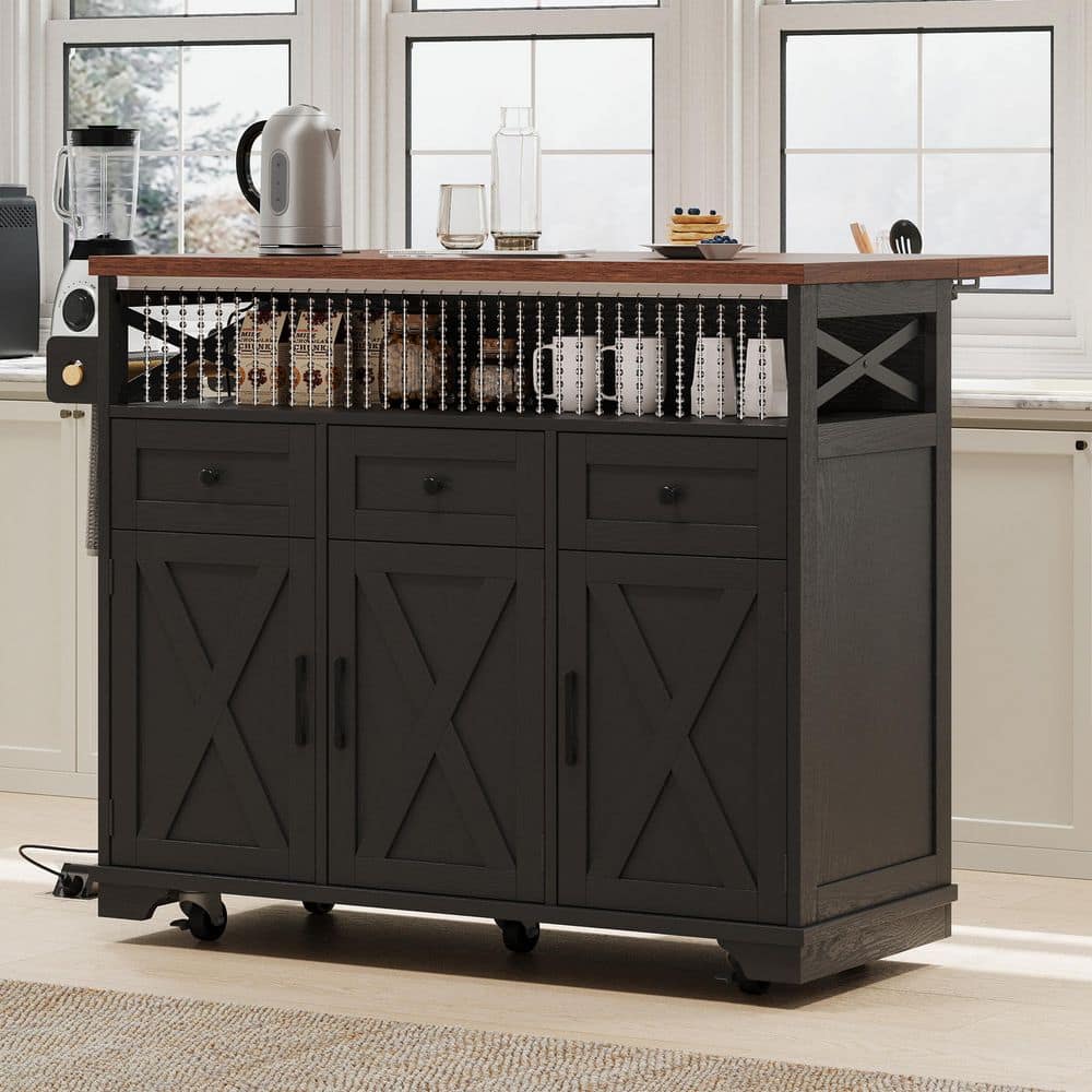 Black Wood Farmhouse 46.5 in. W Kitchen Island with Drape of Beads
