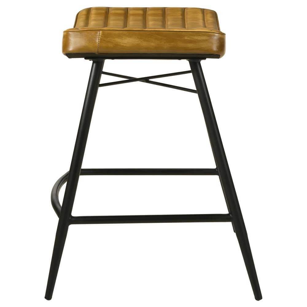 Light Brown Leather and Black Metal Saddle Counter Stool