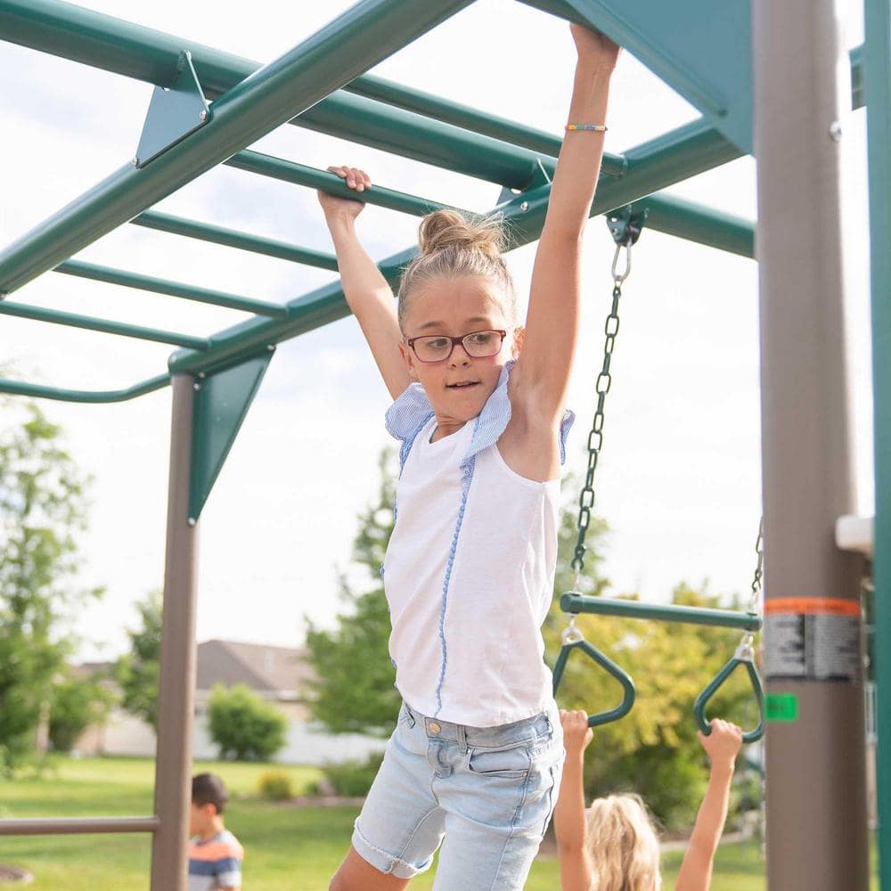 Green and Brown Metal Monkey Bar Swing Set with Slide